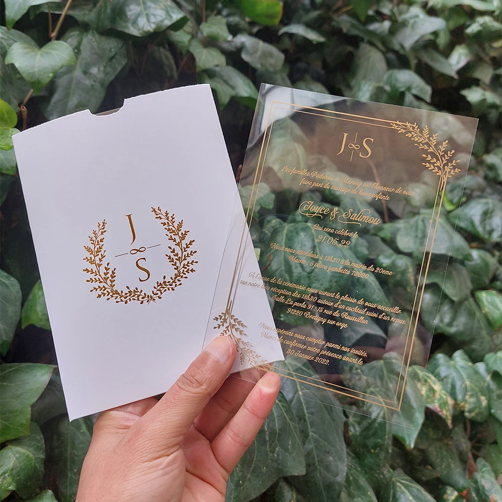 50 Pcs Acrylic Wedding Invitations, Gold, Minimalist Design, Clear, Henna Cards