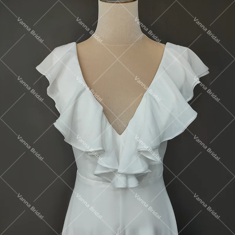 Vestido de novia de gasa con volantes y escote en V, traje de novia con espalda abierta, longitud hasta el suelo, A medida, sencillo, Maxi, sin espalda, para playa