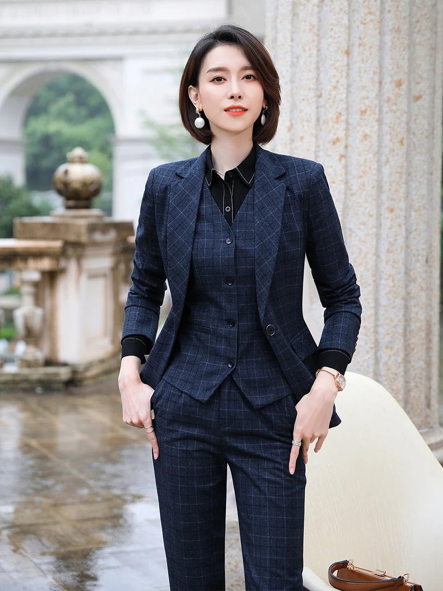 Lenshin High-quality 3 Piece Set Plaid Formal Pant Suit Blazer Office Lady Uniform Designs Women Keep Slim Jacket and Trouser