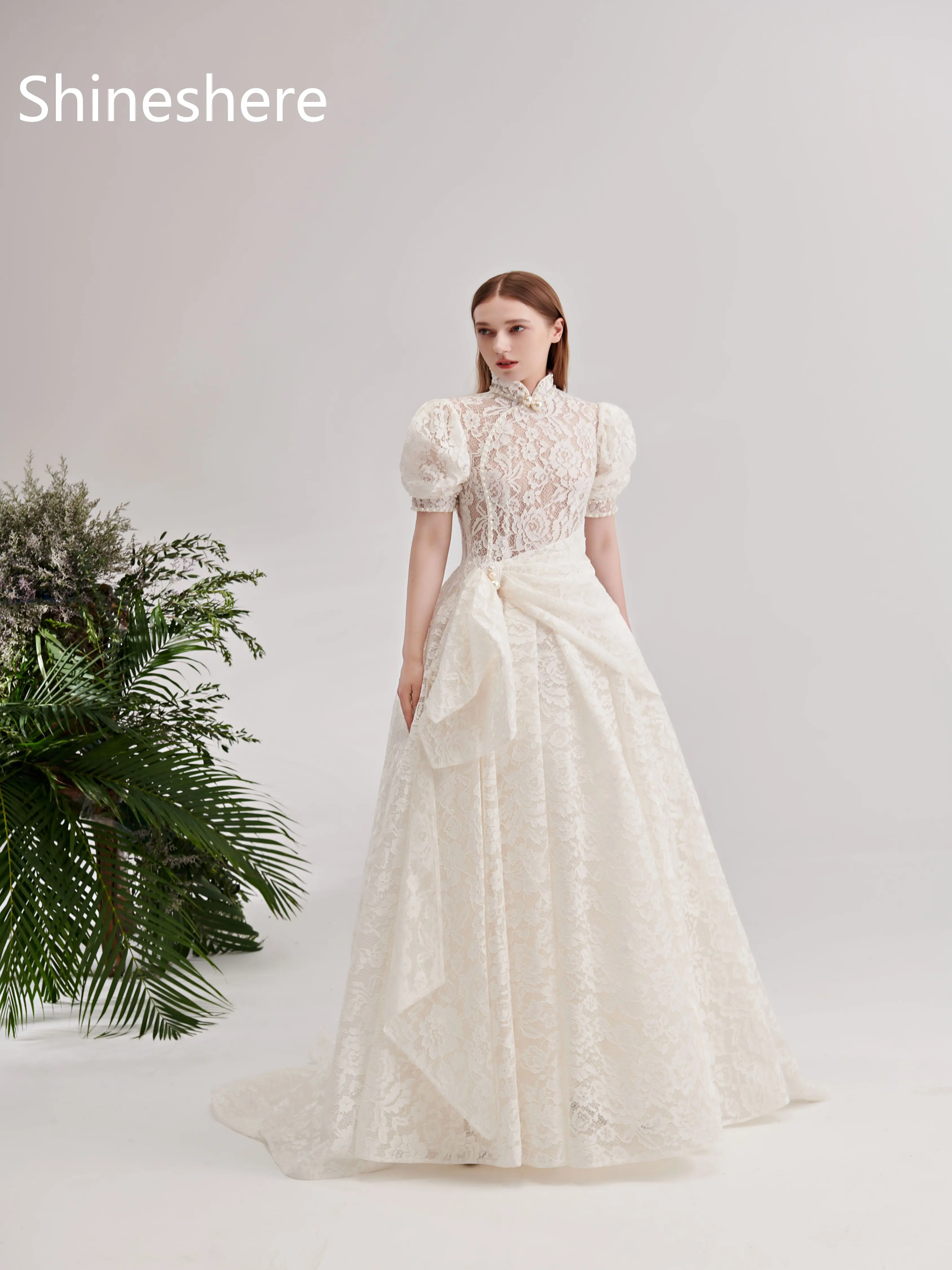 

Elegant High Collar Short Sleeves Pearls Backless Lace Aline Wedding Dress