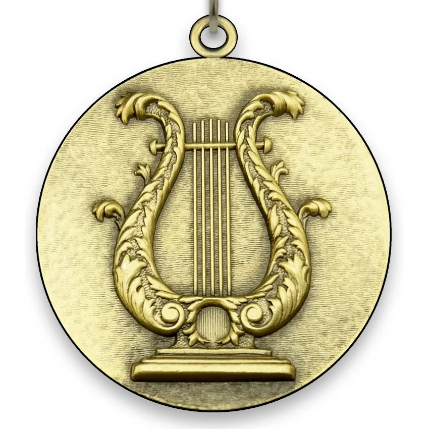 Large Metal Music Medal - Gold - 6,4 cm - with Neck Ribbon size 2,2cm x 80 cm - Choice of Ribbon Colours.