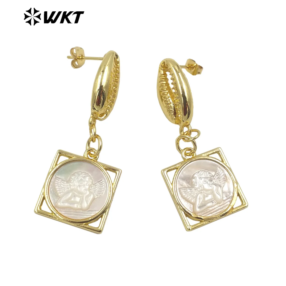 

WT-MPE067 WKT 2022 new arrival Natural shell earrings Angel kid romantic Style Gold Plated Earrings For Women's Jewelry trend