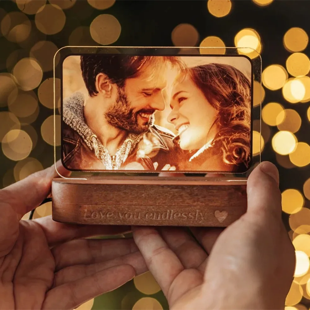 

Personalized Photo Picture LED Night Light Custom Laser Engraved Text Wood Base USB Acrylic Desk Lamp for Family Couple Gift