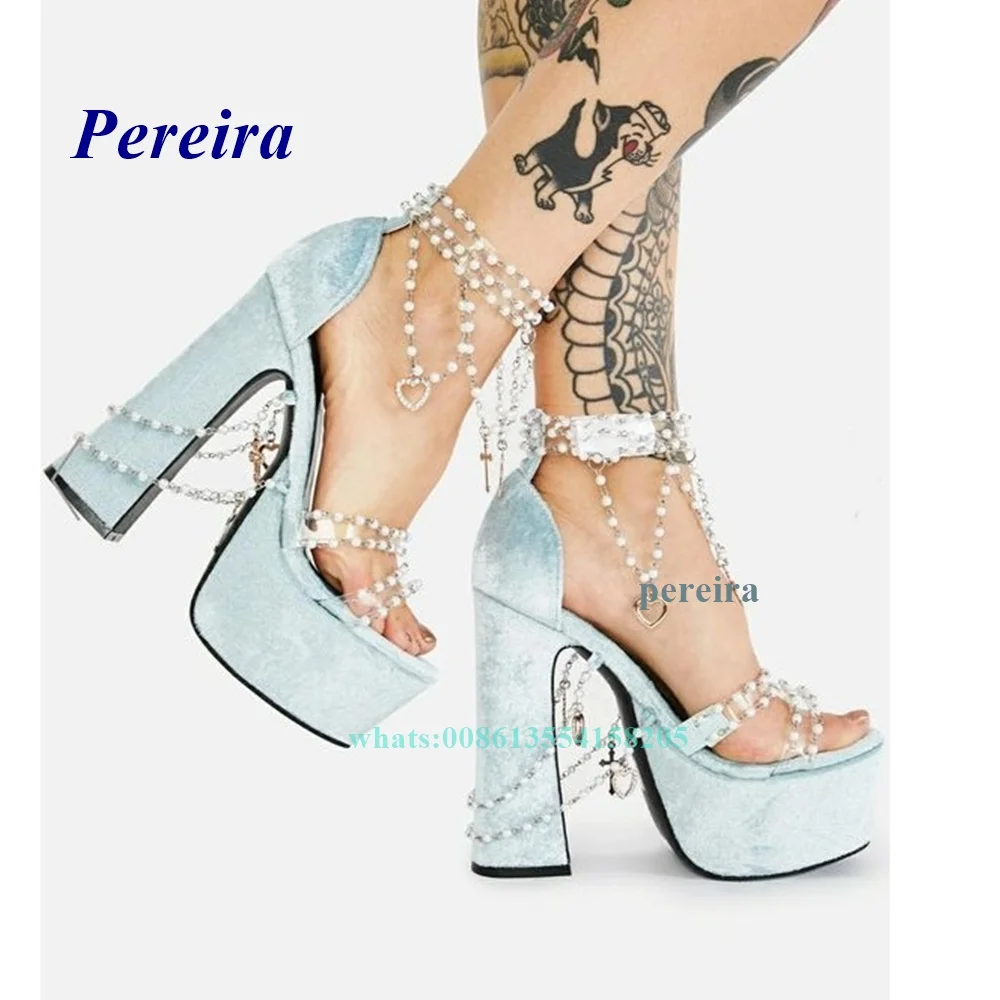 Pearl Chain Decor Summer Women Shoes 2022 Open Toe Platform Chunky Heel Sandals Bling Buckle Strap High Heels Party Shoes Silver