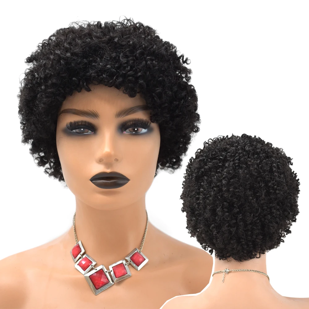 Short Human Hair Afro Kinky Curly Wigs for Black Women with Bangs African American Full Machine Made None Lace Front Glueless Wi