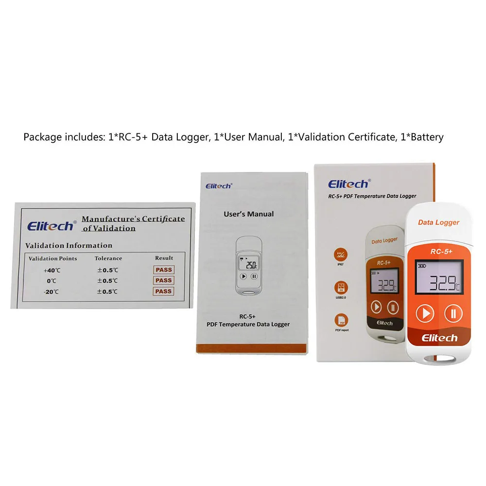Elitech-registrador de datos de temperatura, grabador reutilizable de 32000 puntos, alta precisión, USB, RC-5 + PDF