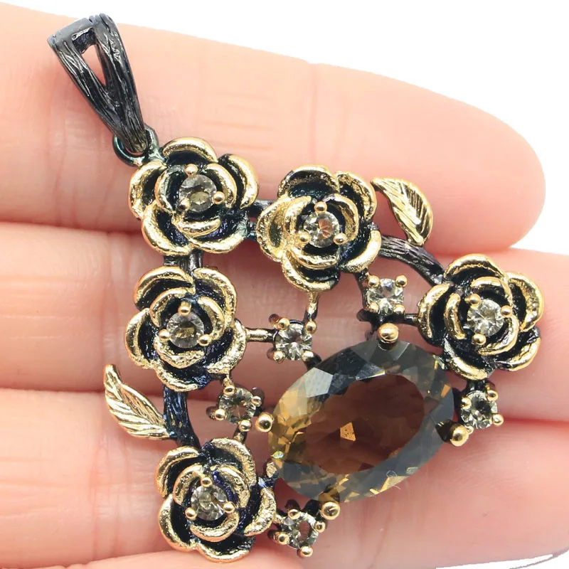 

47x37mm Neo-Gothic Rose Vintage Style 15g Silver Pendant Women Created Smokey Topaz London Blue Topaz Black Gold Pendant