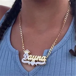 Customized Name Necklace With Crown 18K Double Plated Necklace Two-Tone Nameplate Stainless Steel  Jewelry2022 For Women