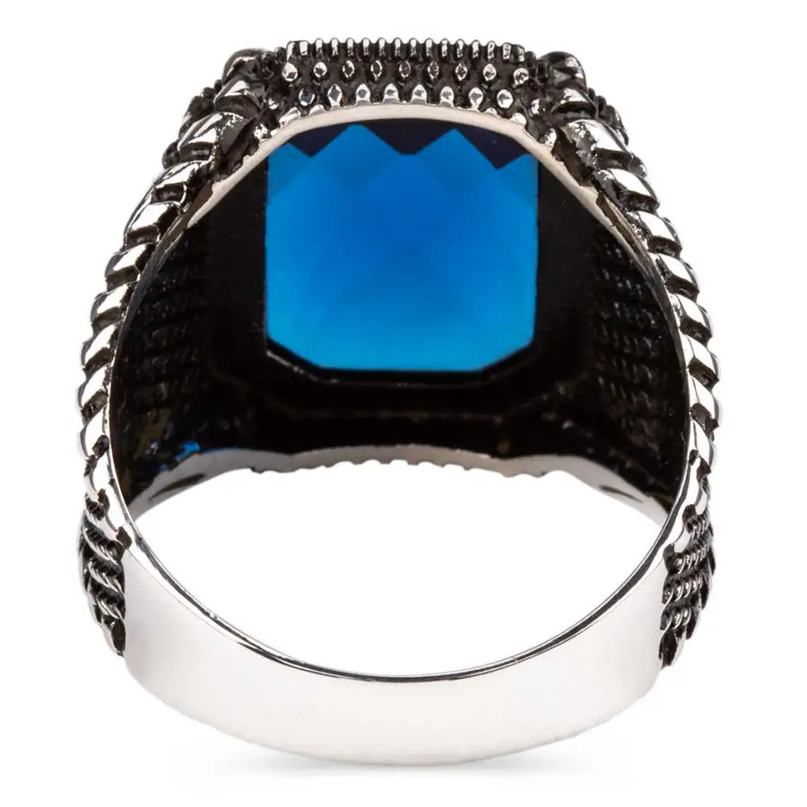 Silver Mens Ring with Blue Zircon Stone Fashion Turkish Premium Quality Handmade Jawelery