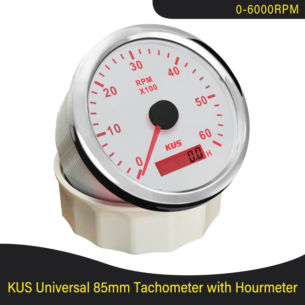 KUS 85mm Tachometer 0-3000 RPM 0-4000 RPM 0-6000 RPM 0-8000 RPM 9-32V with Hourmeter Red Yellow Backlight for Car Truck Boat