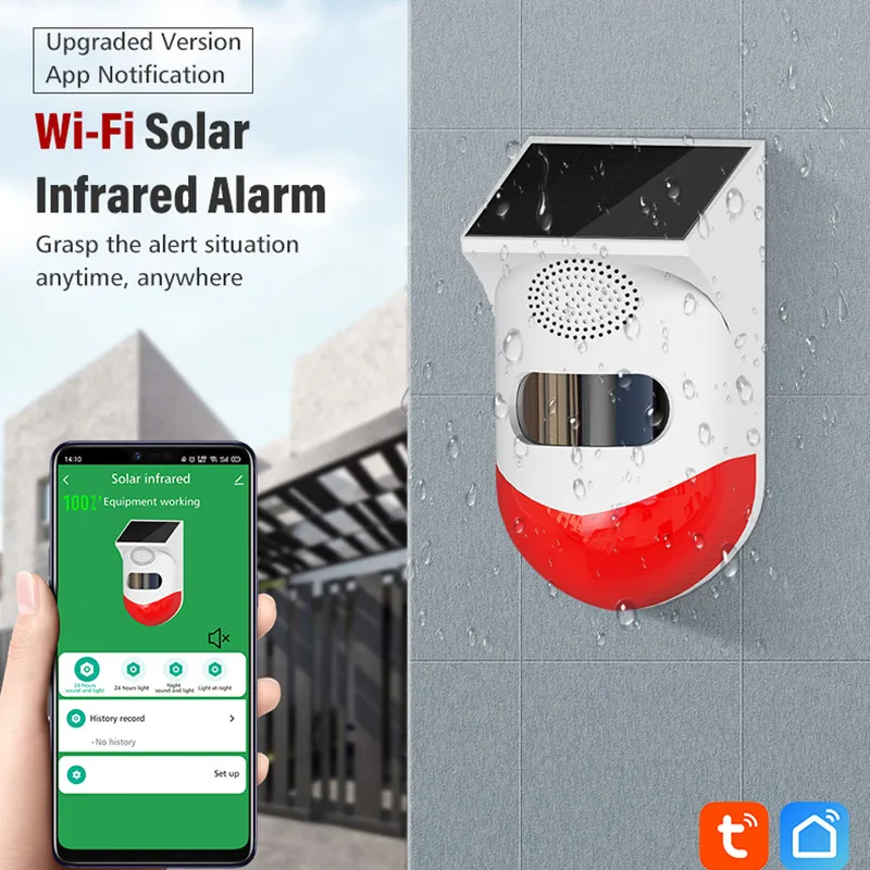 

Tuya WiFi Solar Powered Infrared Motion Sensor Detector Siren Strobe Alarm System Waterproof For Home Yard Outdoor Security