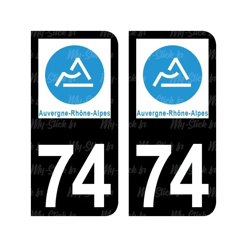 Registration plate sticker Department 74 of Haute-Savoie Auvergne-Rhône-Alpes for car in blue or black background