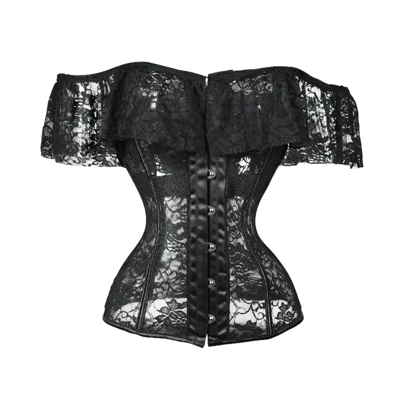 Steampunk Corset Tops Bustiers Sexy Lingerie Erotic Corselet Transparent Off The Shoudler Lace Sleeve Woman Gothic Clothing