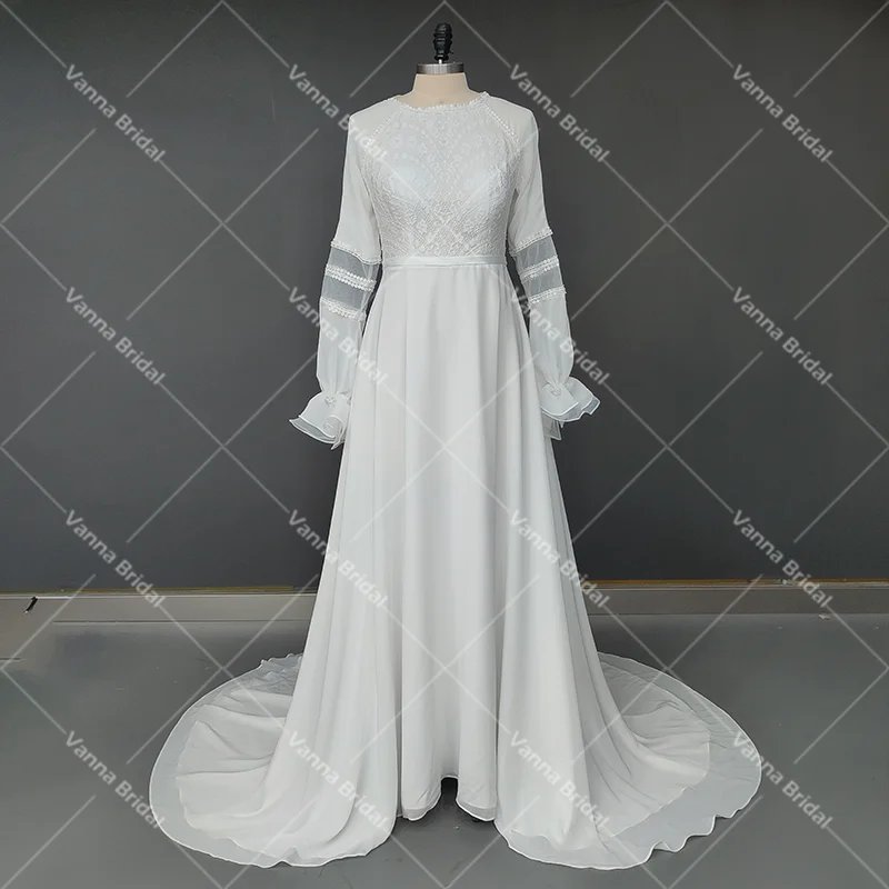 Ruffled Long Sleeves Chiffon Round Neck Wedding Dress Lace Custom Made Romantic A Line Sheer Back Buttons Rustic Bridal Gowns