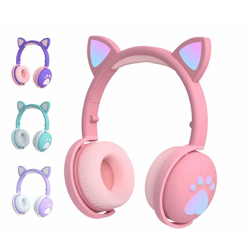 Cat Ear headphones with wireless Bluetooth and LED light, folding headset with microphone for HIFI stereo