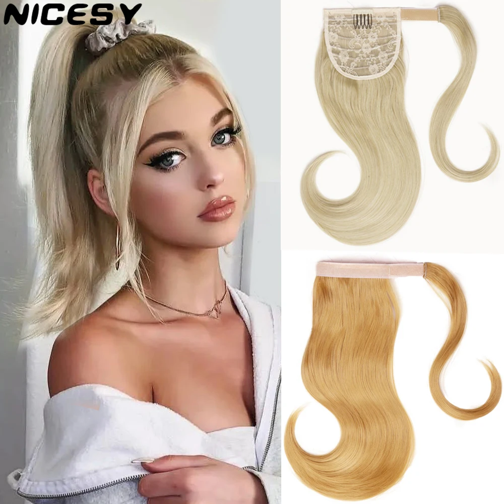 

NICESY Synthetic Golden Short Bounce Wave Wrap Around Ponytail Clip In Hair Extensions 18Inch Heat Resistant Pony Tail Hairpiece