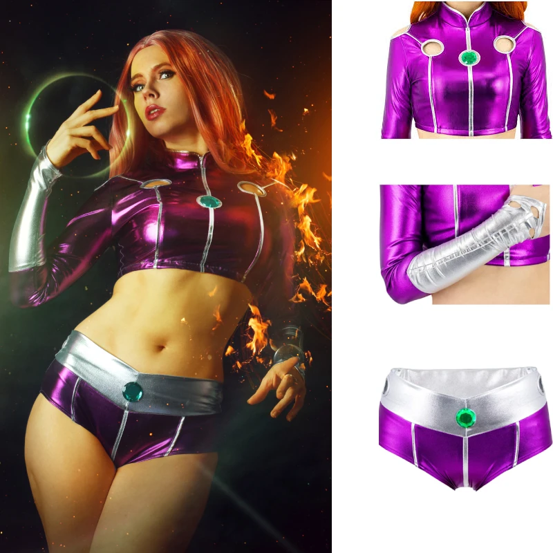 DAZCOS Teen Titan Starfire Spandex Zentai ชุดสตรีชุดสีม่วง Princess Koriand'r ชุดคอสเพลย์ผู้หญิงสีม่วงเซ็กซี่ Bodysuit