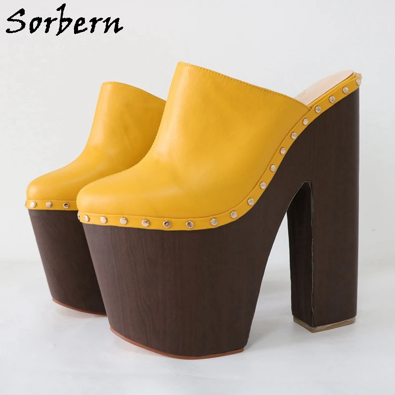 Sorbern Ginger Yellow Pump Shoes 24cm Women Mules Rivet Punk Clogs Block Wooden Style Wide Heels Unisex Shoe Thick Platform