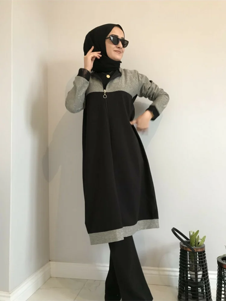 Black Gray Zipper Tracksuit Set dress Islamic two piece Set outfit Tracksuit Set Turkey Muslim women fashion Islamic clothing