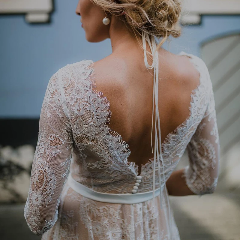 Lange Ärmel Hochzeit Kleid Spitze Strand Champagne Futter Boho Elopement 2021 Rustikalen Backless Brautkleider Tasten Nach Maß