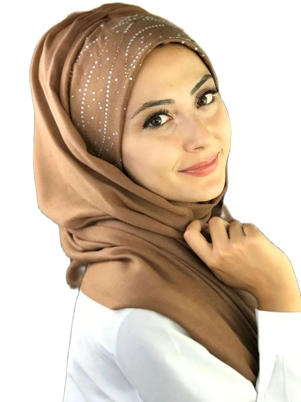 2023 New Fashion Hijab Women Muslim Islamic Turban Scarf Hat Foulard Sequins Printed Milky Way Pattern Light Brown Ready Shawl