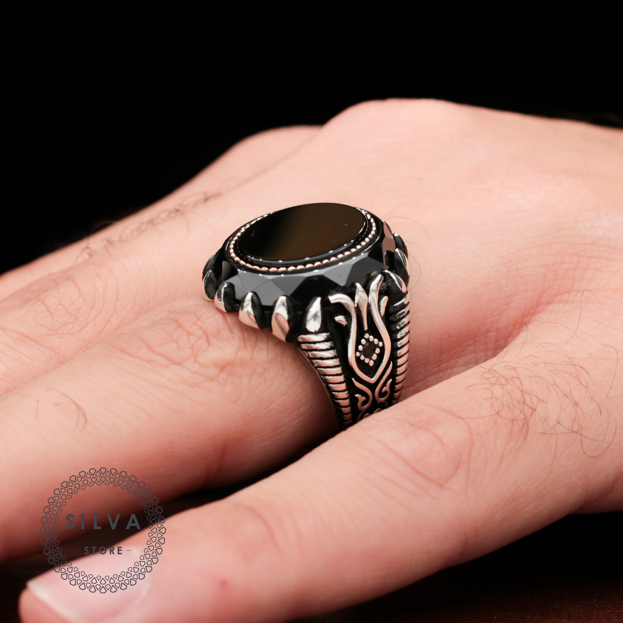 Original 925 Silver Men's Ring With Onyx Stone And Special Cut Zircon Stone Turkish Man Sterling Silver Jewellery Male Gift