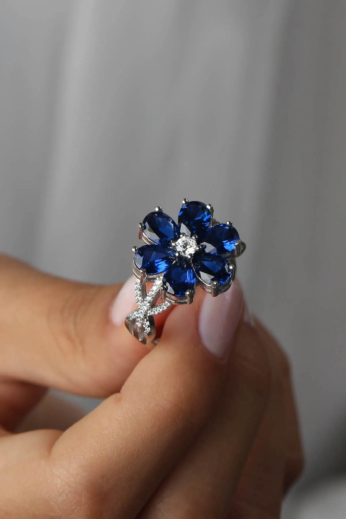 Valori Jewels Magnolia Flower Ring , 4 Ct Zircon Fancy Blue Pear Gemstone , Rhodium Plated ,925 Silver, Fine Jewelry