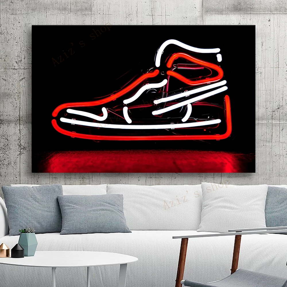 Neon Sign Sneakers Canvas Painting Poster Printing Retro Fashion Basketball Sneakers Pictures Modern Boys Room Home Decor Art