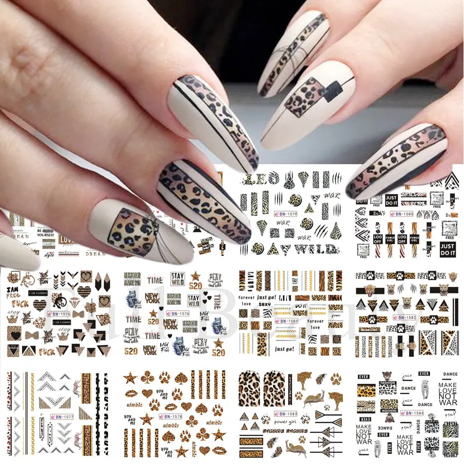 12pcs Leopard Nail Sticker Sexy Tiger Skin Wild Animal Water Transfer Decal Geometric Letter Slider Manicure Wraps NLBN1573-1584