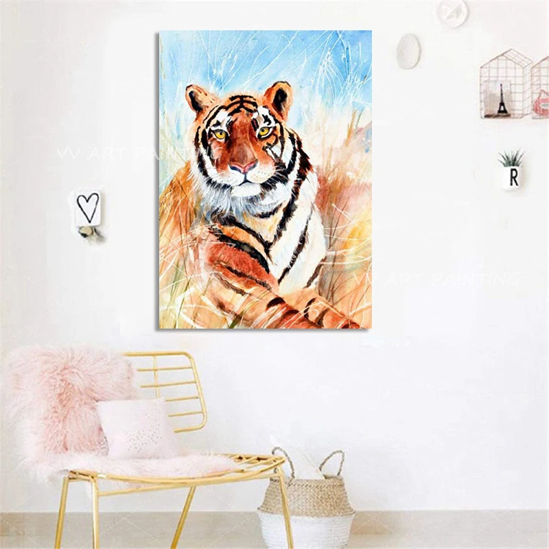 Realistic Yellow Eyes Tiger Handpainted Canvas Art, Wild Animal Wall Painting, Entryway Decor Quadros For House Presents