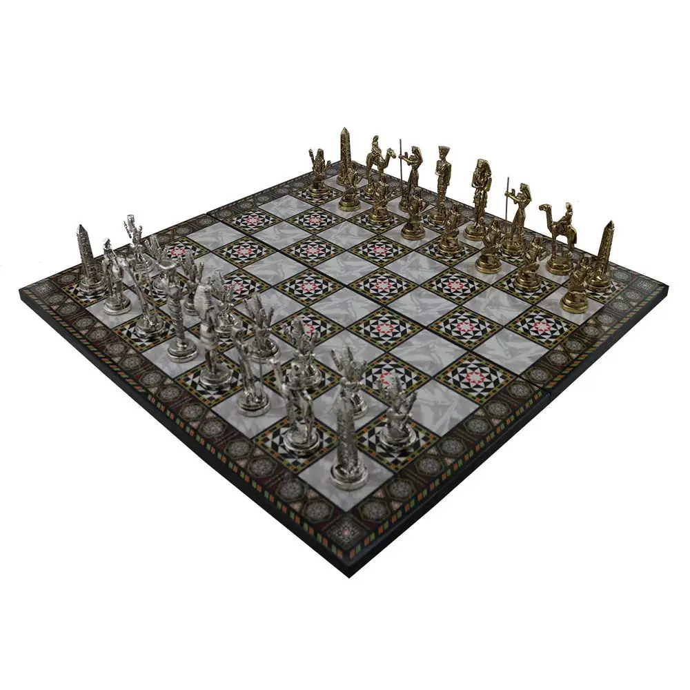 

Historical Egypt Pharaoh Figures Metal Chess Set,Handmade Pieces and Mother-of-Pearl Patterned Wood Chess Board King 9 cm