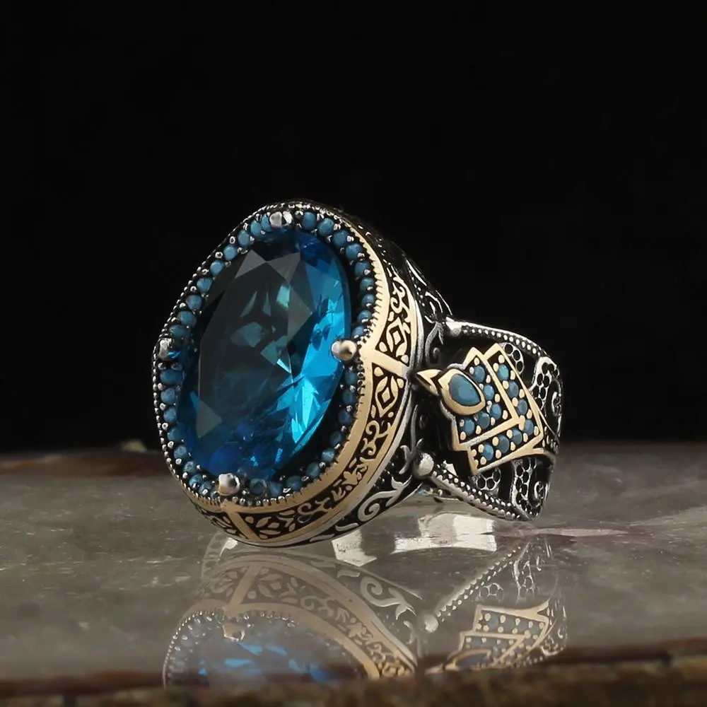 925 Sterling Silver Ring for Men Topaz Stone Jewelry Fashion Vintage Gift Onyx Aqeq Mens Rings All Size