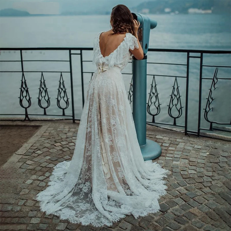 Vestido De novia De encaje De estilo bohemio, prenda De vestir De princesa con la espalda al aire, Mangas De casquillo, color champán, para playa