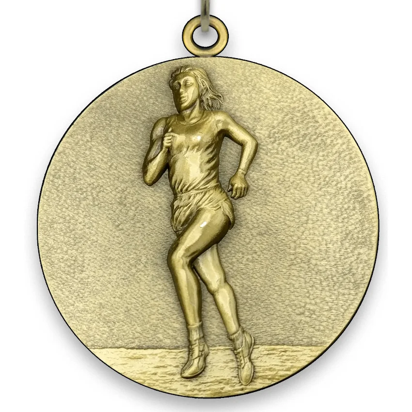 Large Metal Running Female Medal - Gold - 6,4 cm - with Neck Ribbon size 2.2cm x 80cm - Choice of Ribbon Colours.