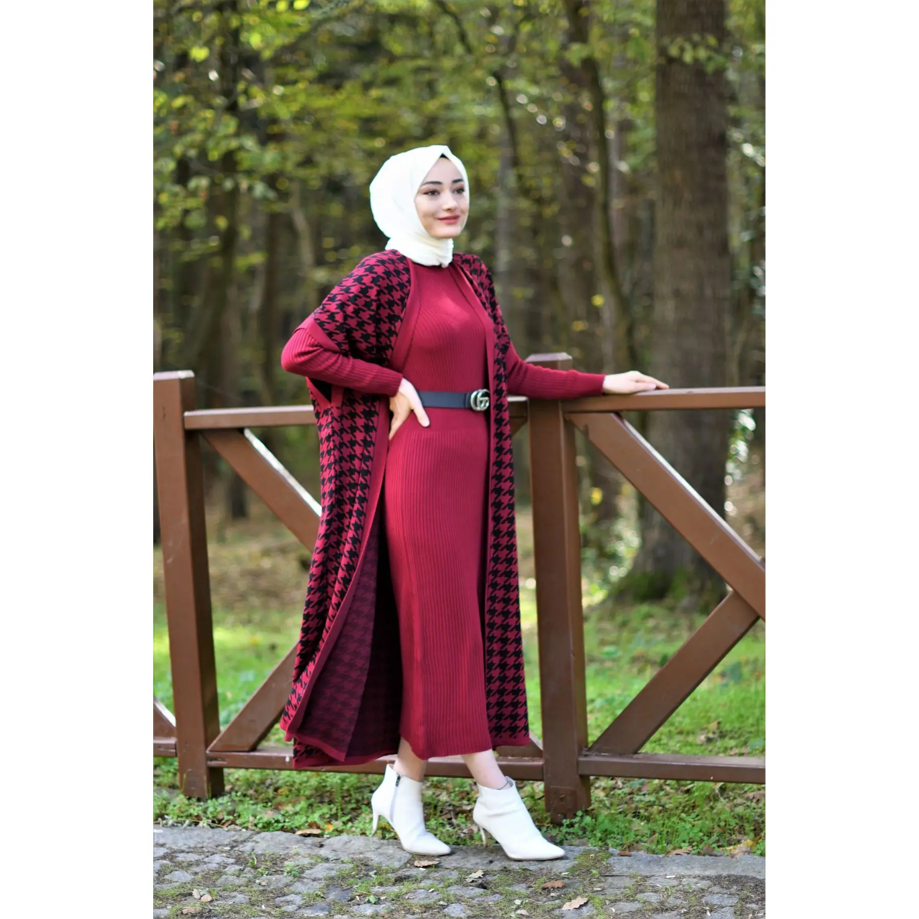 2 Piece Women\'s Set Crowbar Patterned Knitwear Maxi Turtleneck Dress and Maxi Cardigan Long Sleeve Turkey Muslim Fashion Dubai