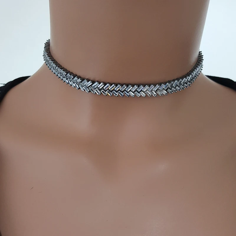 Art Deco Women Choker Necklace Baquette Black Silver Choker 925 Sterling Silver Made in TURKEY