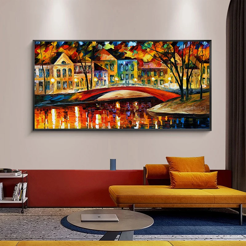 

100% Handmade knife street thick heavy colorful building modern city artwork oil painting for office living room decoration