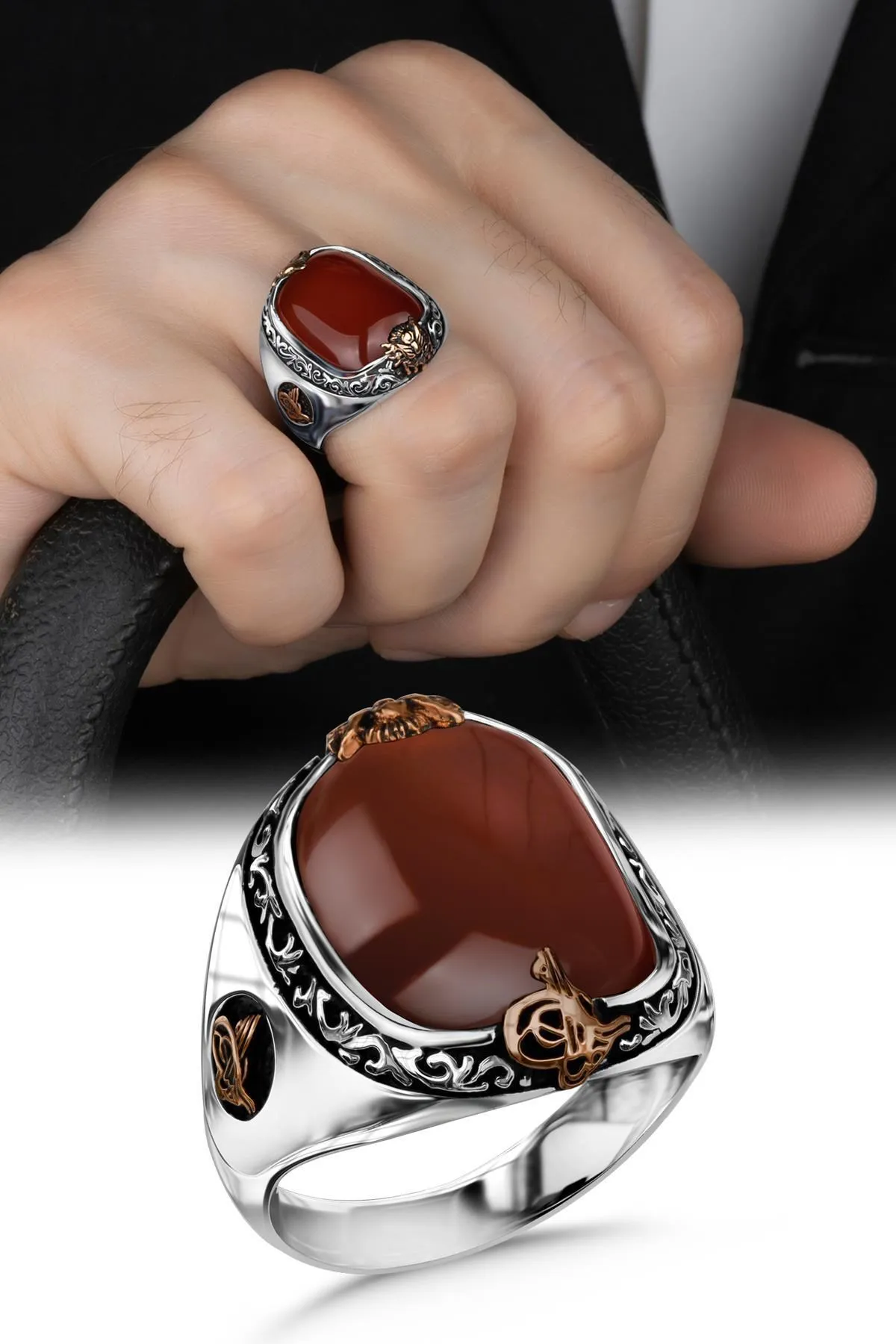 

Solid 925 Sterling Silver Red Agate With Ottoman Signet Ring Men's High Quality Engraved Vintage Jewelry Gift For Him