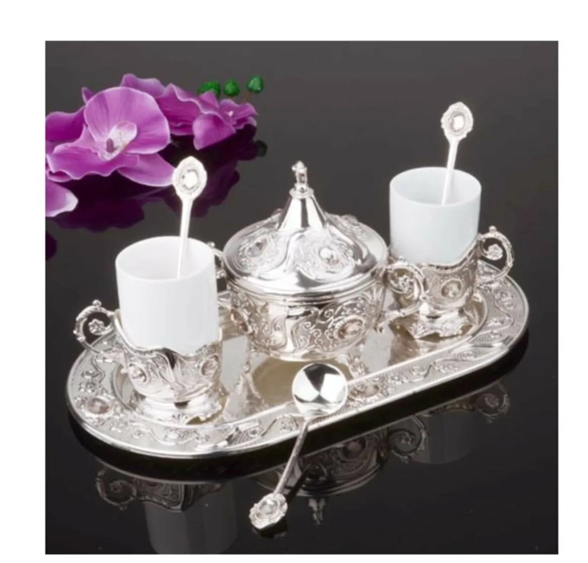 Turkey authentic WONDERFUL Series Luxury Porcelain Silver Tray 2 Person Coffee Cup Set FREE SHIPPING  FREE SHIPPING