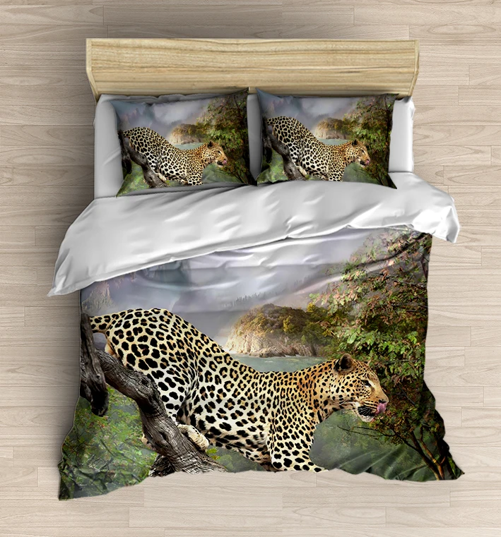 

Else 4 Piece Green Tropical Jungle on Wild Leopard 3D Print Cotton Satin Double Duvet Cover Bedding Set Pillow Case Bed Sheet