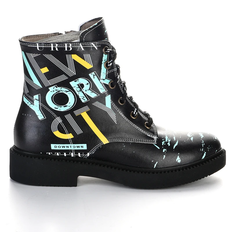 New season black new york lettering design lace-up zippered ankle boots