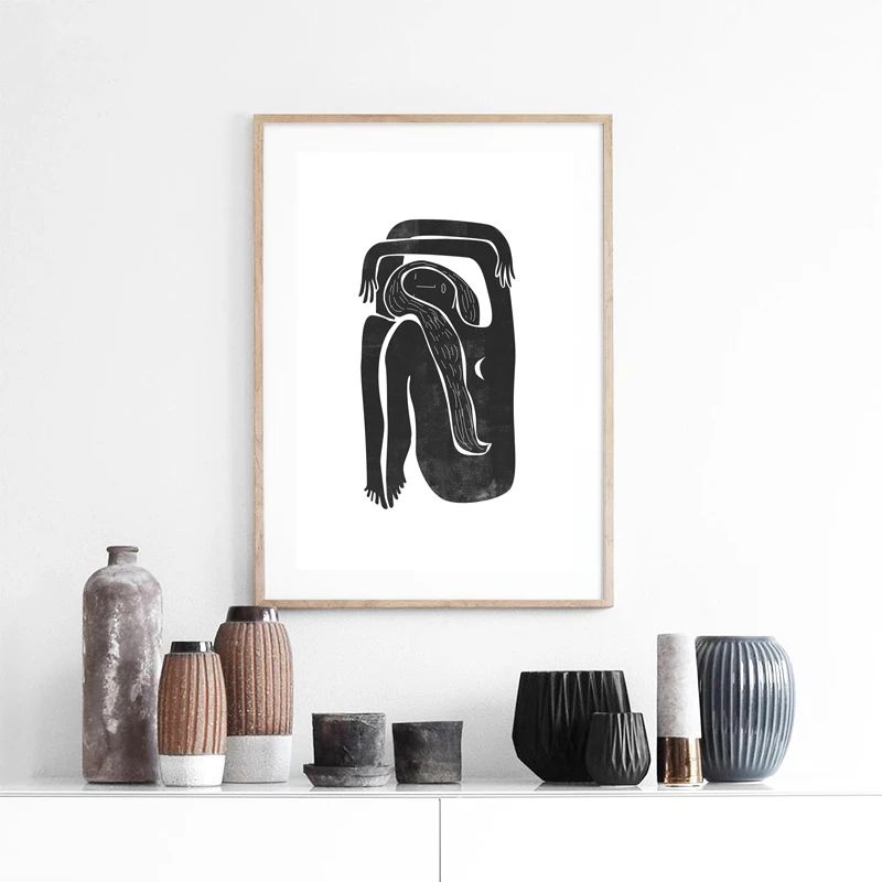 Black and White Minimalist Female Portrait Painting Mid century Moon Posters Boho Art Print Canvas Picture Home Wall Art Decor