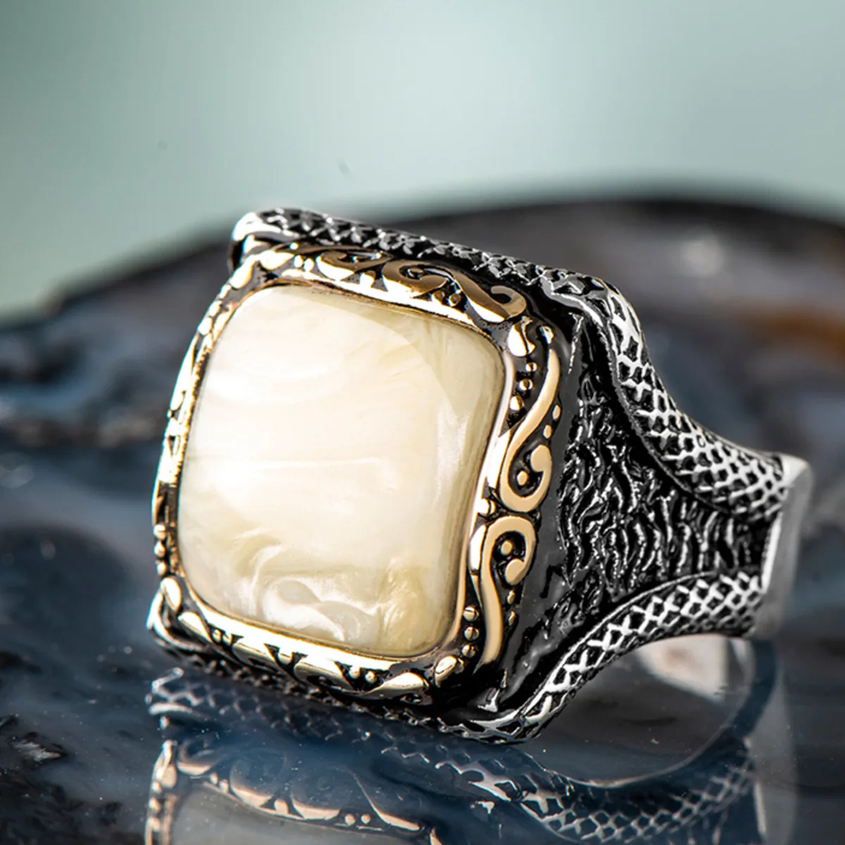 925 Sterling Silver White Mother of Pearl Stone Men's Ring Exclusive Accessory for Men Special Ring Made in Turkey