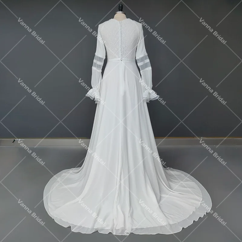 Ruffled Long Sleeves Chiffon Round Neck Wedding Dress Lace Custom Made Romantic A Line Sheer Back Buttons Rustic Bridal Gowns