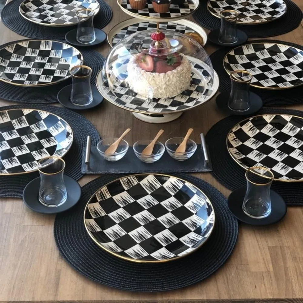 1pc Checkered Enamel Round Plate 26cm Black White Enamel Plates Dinner Plates Serving Tableware Handmade Tableware Compartment