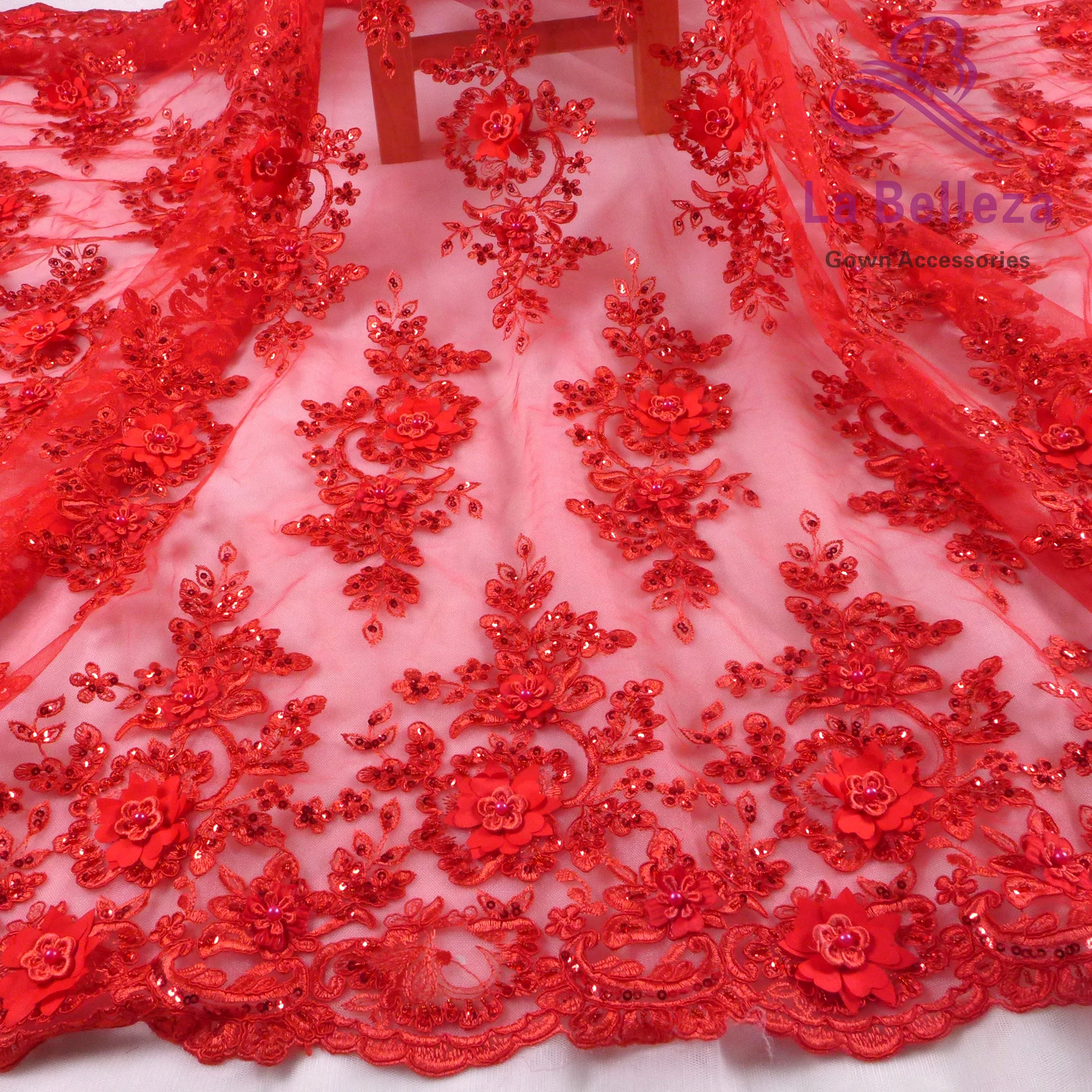 La Belleza handmade BLue,red 3D flowers/beaded wedding/evening dress lace fabric 49\'\' width 1 yard