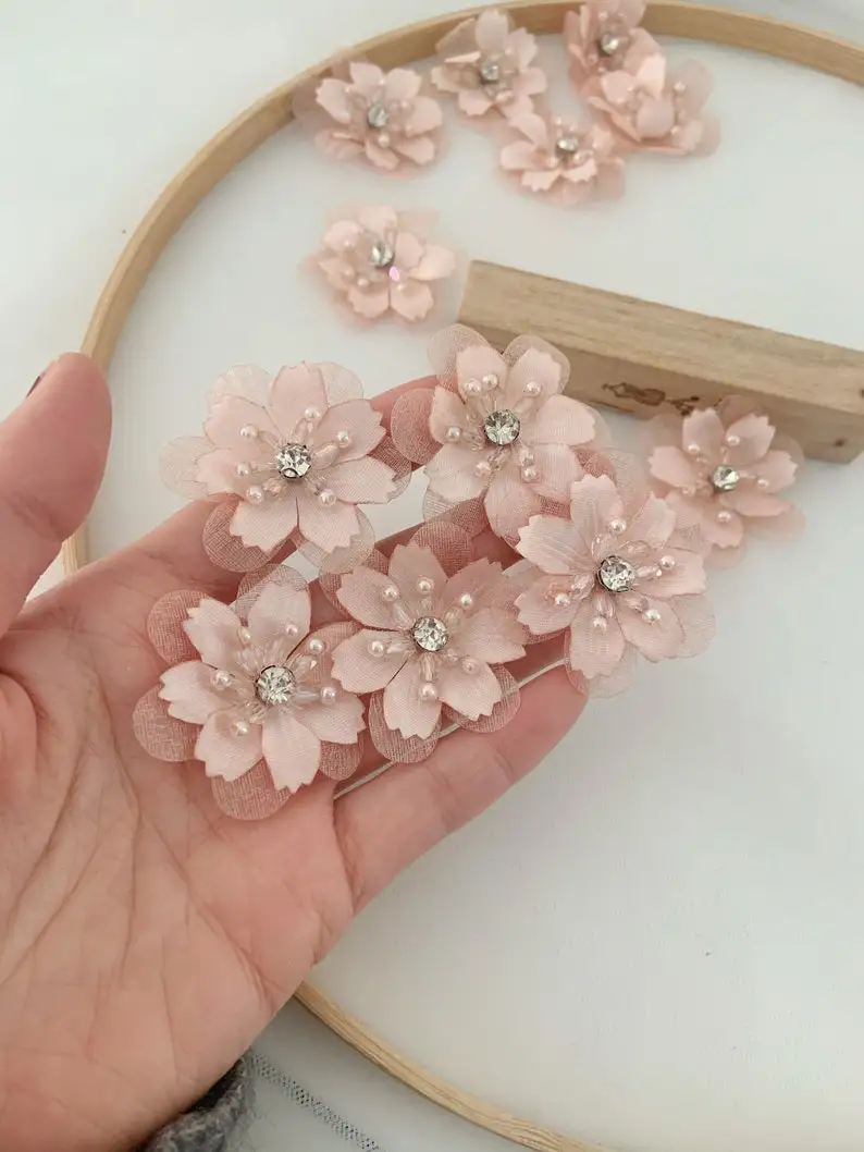 10 Pieces Peach Pink Handcrafted Flowers Applique, Handmade Flowers With Beads, Organza Flowers Applique