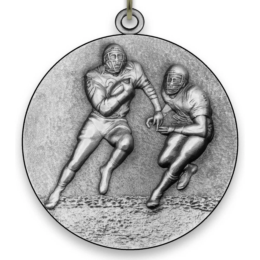 Large Metal American Football Medal - Silver - 6,4 cm - with Neck Ribbon size 2,2cm x 80 cm - Choice of Ribbon Colours.