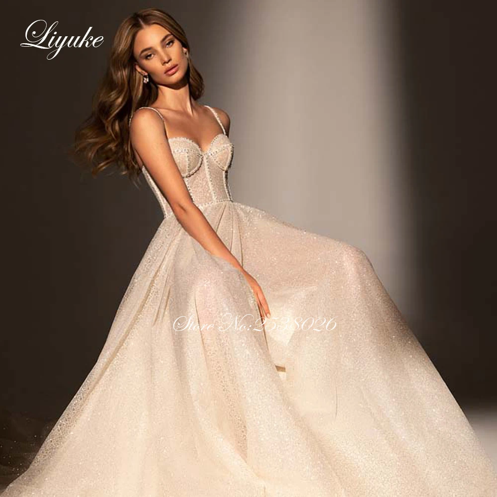 Liyuke Sparkle Lace Of Chamapgne A Line Wedding Dresses With Spaghetti Strap Sewed Beads Sweetheart Neckline