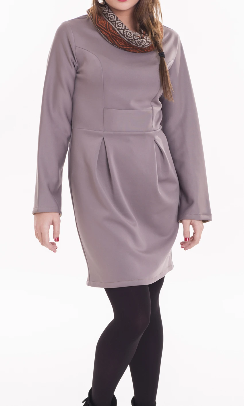 Women's winter dress in camel-colored elastic fabric with large chimney collar and back zipper, long sleeves